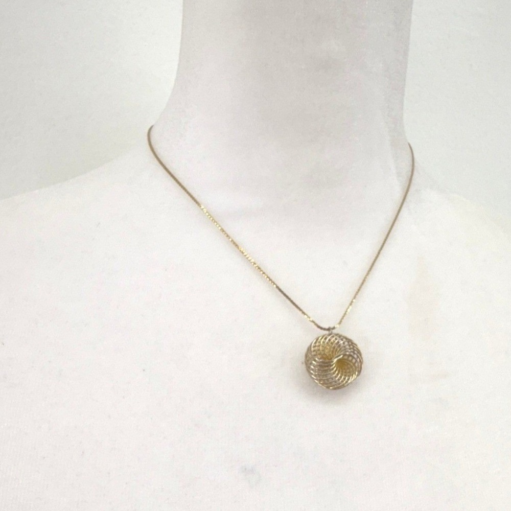 VTG Geometric Spiral Globe Pendant Necklace Short Made in Korea Gold Tone Layer